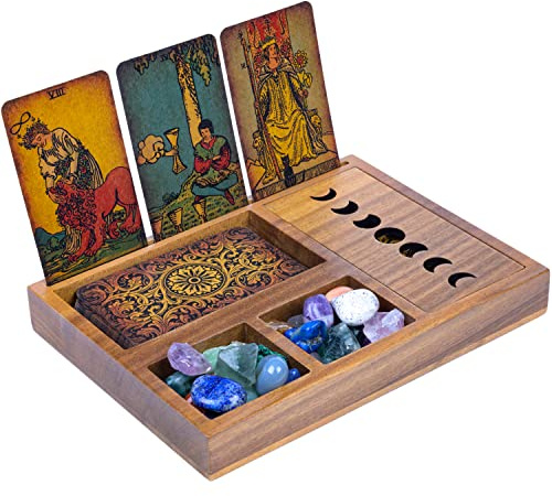 Curawood Tarotkartenhalter Box für immersive Lesungen – 3 Tarotkartenständer & Kristallhalter – Mondphasen-Design Tarot-Display Deck Halter & Kristalltablett – Hexerei-Dekor – Wiccan Altar Supplies