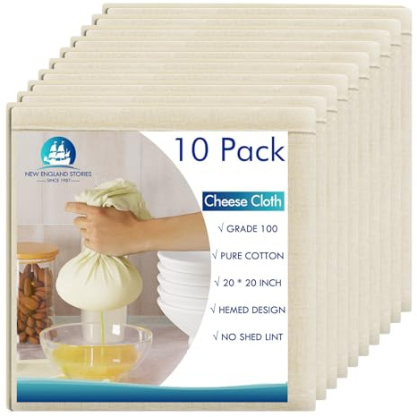 10 PCS Grade 100, 20x20 Inch Hemmed Organic Cheese Cloth for Straining, Craft, Cooking, Baking, Juicing, and Cheese Making, 100% Cotton Unbleached Cloth