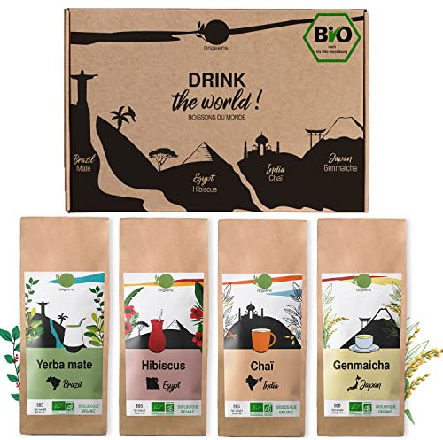 ORIGEENS COFFRET THÉ BIO BOISSONS DU MONDE - Hibiscus, Maté, Thé Chai, Thé vert Genmaicha - Assortiment thé 4x80gr - Coffret thé à offrir