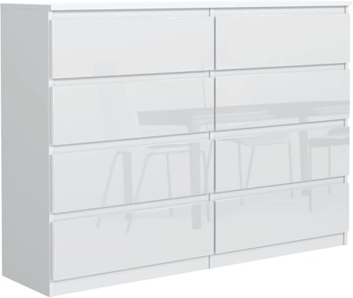 meble masztalerz Kommode 140 cm Breit - Modernes Sideboard - Schrank mit 8 Schubladen - Schubladenschrank - Kommodenschrank für Wohnzimmer, Flur, Schlafzimmer - Weiß Hochglanz 138,5x101,5x39 cm