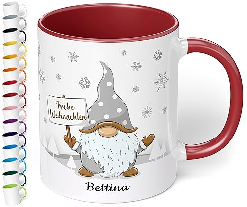 True Statements Weihnachtstasse mit Namen „Frohe Weihnachten“ - mit Gold-Wichtel-Motiv - 330ml - personalisierter Keramik Kaffee-Becher mit Spruch – Geschenk zu Weihnachten (Bordeaux)