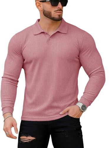 Muscle Cmdr Herr Slim Fit Muscle polotröjor, långärmad, kort stretching, snabbtorkande, casual, t-shirt, sport, golf, t-shirts, Z-Lång/Rosa, XS