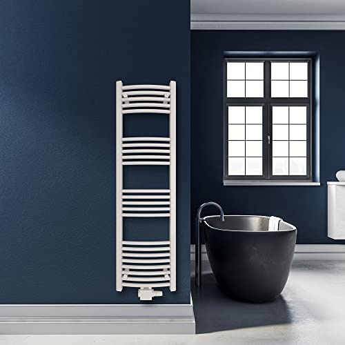 SHV Badheizkörper Columba gebogen mit Mittelanschluss in glänzendem Weiß - 400 x 1400 mm | Heizkörper für Badezimmer, Handtuchhalter für Wand im Bad, Handtuchheizkörper, Handtuchtrockner aus Stahl