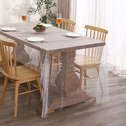 Tosleo Tischdecke Hochzeitsbogen Dekorationen Tischlinie Brautdusche Dekor Netzstoff Romantische Perlen Spitze Tischdecke für Durchscheinend Faltenfrei Desserttischdecke Chiffon Tüll (140 x 305 cm
