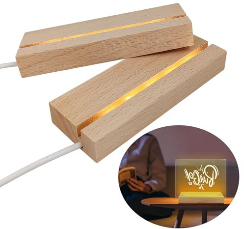 Base de visualización de luces LED, base de luz LED USB rectangular iluminada de madera, base de escritorio para placa acrílica de 3 mm de grosor, luz blanca cálida (2)