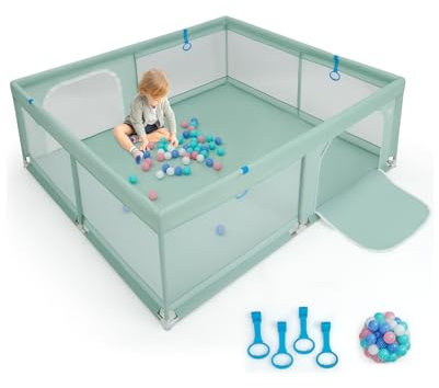 COSTWAY Parque Infantil Bebe 200 x 180 x 68 cm, Corralito Bebe con 50 Bolas, 4 Anillos, Malla Transpirable Suave, Asas, Valla para Bebés con Puerta, Base Antideslizante (Verde)