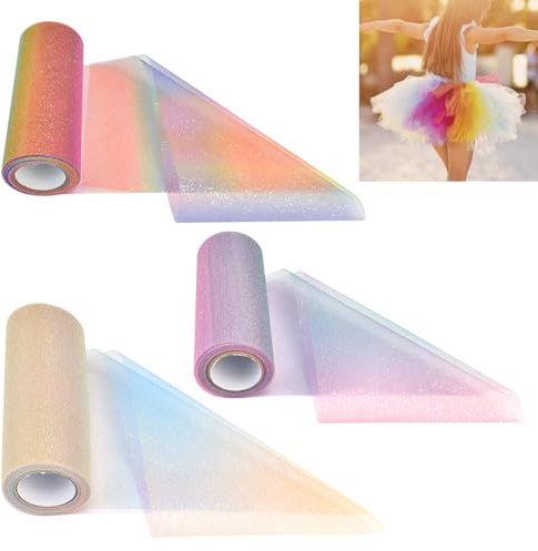 ADERTOS 3 Rollen Tüll Regenbogenfarben Tüll mit Farbverlauf 15CM x 9M | Dekostoff Tüllrolle Tüllnetz Glitter Tischläufer Tischband , Hochzeit Party Dekoration Tutu Rock