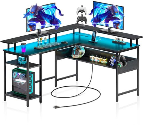 Rolanstar Gaming Schreibtisch L Form mit LED & Steckdosen, Gaming Tisch mit Monitorständer & Ablagefläche, Eckschreibtisch mit 2 Haken, Reversibler Computertisch Groß für Büro(Schwarz 137 x 108cm)