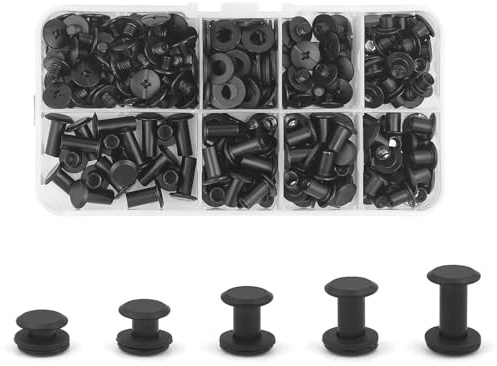 CANGCANG 100 Satz Gürtelschrauben Schwarz,Chicago Buchschrauben M5* 4/6/8/10/12mm Binding Schrauben kit 5 Größen Schraube Metallzubehör Nägel Nieten Chicago Button für Ledergürtel DIY Leder