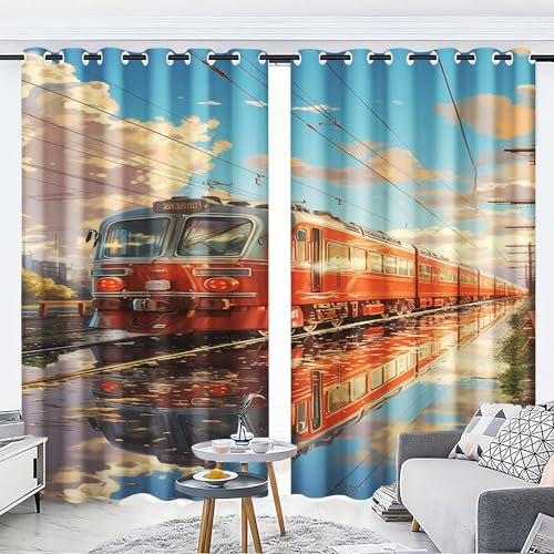 KARPIX Vorhänge mit Ösen Blickdichte Vorhänge Zug Lokomotive Vorhang Polyester Zug Fenstervorhang 3D Home Dekoration Gardinen Für Kinderzimmer (7,150x166cm(2x75x166cm))