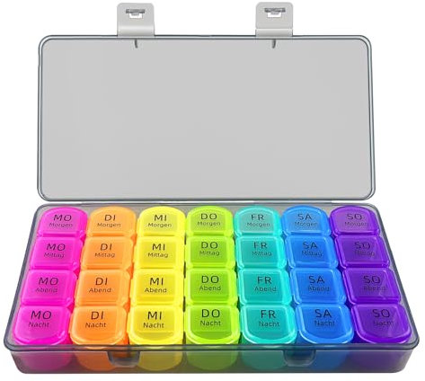 Jsdoin Tablettenbox Monat 7 Tage 4 Fächer, Medikamentenbox 7 Tage Morgens Mittags Abends Nachts, Leicht zu Befüllende Tragbare Pillendose mit 28 Große Fächer für Vitamine, Fischöl, Medikamente