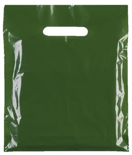 100 Pack Harrod Green Plastic Carrier Bags - 38cm x 46cm + 7cm, Patch Handle Reusable bag, Ideal for Boutiques Clothes, Jewellery, Gifts, Retail and Shopping.