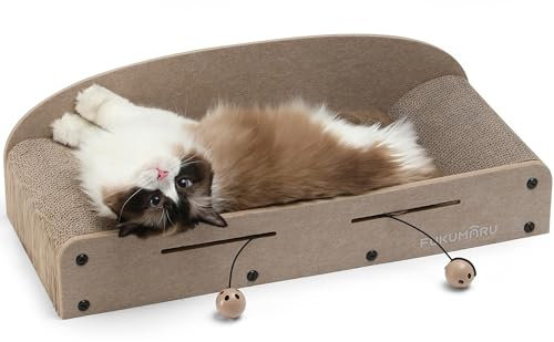 FUKUMARU Kratzbrett Katzen, 66CM langlebiges Kratzpappe und Filz, große Liege, 2 wendbare Katzenkratzpads für Katzen, recycelbares Katzenkratzbett aus Wellpappe mit Glockenballspielzeug, Beige