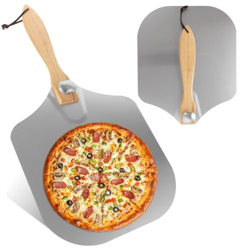 VIDETOL Pizza Stone Set, 30.5 x 35.7 cm, Foldable Pizza Shovel, Perforated, Silver Pizza Slider with Foldable Wooden Handle, Pizza Stone for Oven