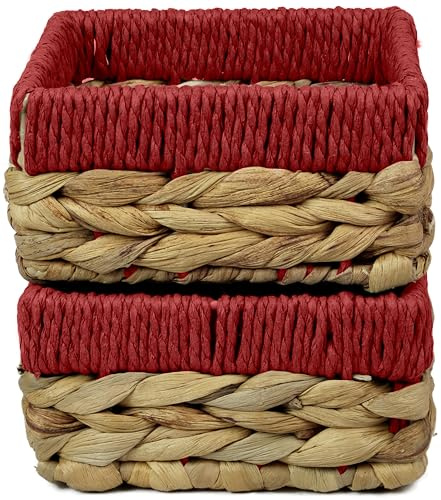 Small Water Hyacinth Square baskets for storage. Natural with Red edges for shelves open hamper decorative gift mini tray make up Kitchen organiser (2 x Pack, small 14cm)