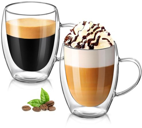Osrioal Double Walled Glass Mugs, 2 x 350ml Glass Coffee Mugs, Heat Resistant Coffee Cups, Clear Coffee Glasses with Handle for Cappuccino Tea Milk Latte Juice