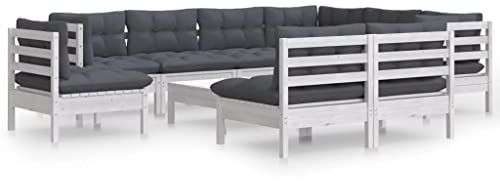 WEMYUFURN 10-TLG. Garten-Lounge-Set mit Kissen Weiß Kiefer Massivholz, Outdoor-Sitzgruppe, Terrassen-Lounge-Set, Garten-Couchgarnitur - Wetterbeständig, Komfortabel - für Terrasse, Garten und Balkon