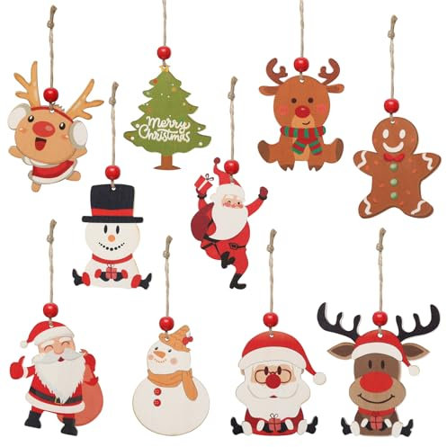 10Pcs Wooden Christmas Theme Ornaments, Flat Snowman Santa Claus Reindeer Gingerbread Man Pendants, Cute Christmas Tree Decorations Hanging Ornaments for Home, Party, Winter Decor