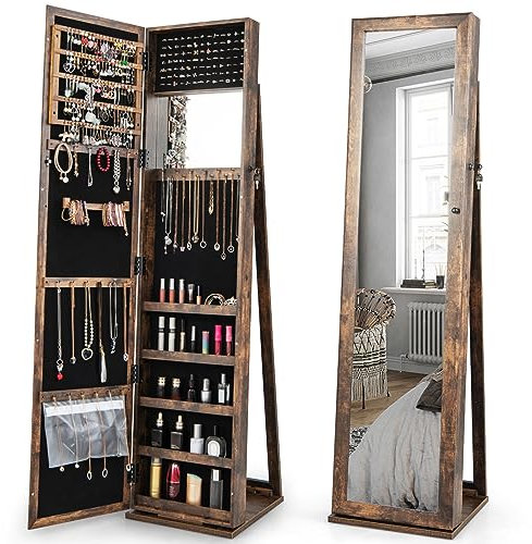 HOMFME Armoire de Rangement 2 en 1 avec Grand Miroir Psyché, Armoire a Bijoux en MDF avec Étagère de Rangement pour Bagues, Bracelets, Collier, Miroirs Incorporés, Idéal pour Chambre, Salon (Brun)
