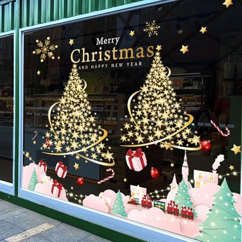 AWAVM 2er-Pack goldene Weihnachtsbaum-Fensteraufkleber, extra große statische Weihnachtsaufkleber, Frohe-Weihnachten-Abziehbilder für Glasfenster