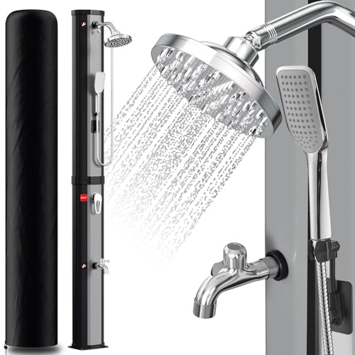 Joparri Doccia Solare con doccetta da 60 Litri con Cappuccio Protettivo e soffione Doccia a 360°, Temperatura Regolabile Fino a 60 °C, Pressione dell'Acqua 50 PSI, Nero Argento