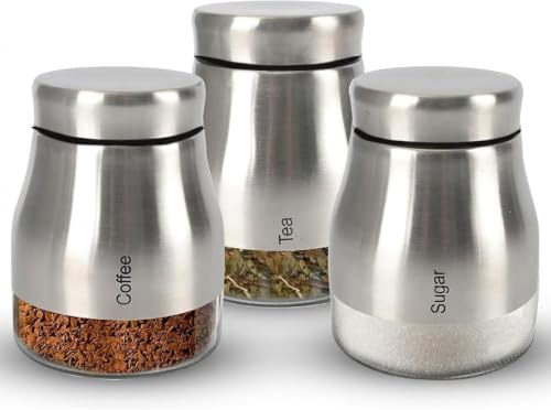 ATEK Tea Coffee and Sugar Canisters Sets for the Kitchen, Set of 3 Multipurpose Kitchen Containers for Sugar Spices Modern Kitchen Jars Glass tea coffee sugar canisters Pots Easy to Clean