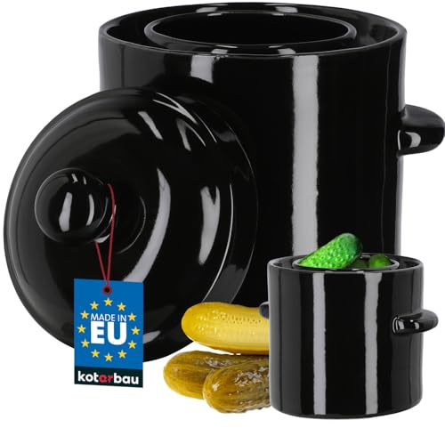 KOTARBAU® Gärtopf 1,8 L, Rumtopf mit Deckel & Wasserrinne, Sauerkrauttopf | Gärfass für Sauerkraut & Gurken, Gärbehälter, Steintopf zum Einlegen, Kimchi Topf zum Fermentieren, Steinzeug, Schwarz