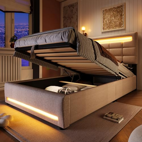 Kehun Polsterbett Einzelbett 90x200 cm mit USB und LED-Kopfteil, Kinderbett Stauraumbett mit Stauraum und Lattenrost aus Holz, Bett mit Hydraulisches Metallrahmen, Leinen, Beige, Ohne Matratze