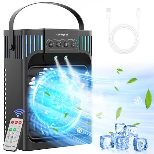 FethFire Portable Air Conditioner Cooling Fan, 1200Ml Mini Air Conditioning Unit with Remote,Quiet 3 Wind Speeds & Cool Mist, 2-8H Timer & 7 LED Light, Personal Air Cooler Fan for Room,Home,Office