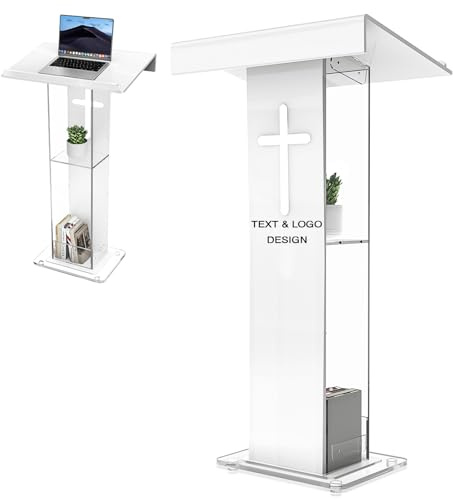 Customized Logo and Text 45.3 Acrylic Podium Lectern, Pulpit for Churches with Double Shelves, Modern Plexiglass Pulpits Lectern for Classroom, Conference, Wedding and More