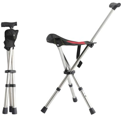 King Mills Lightweight Portable Stools for Adults Heavy Duty, Adjustable Walking Chair for Adults, Anti-Slip Cane Seat Walking Stick Folding Seat 250 Lbs Above Ideal for Camping & Hiking, Red