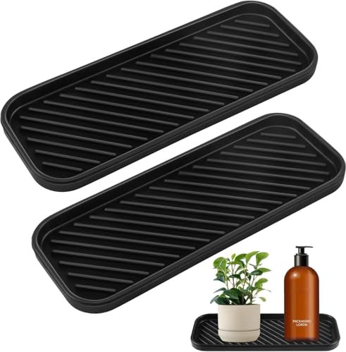 YUNYU 2-Pack Heat-Resistant Silicone Tray Set - Non-Slip Thickened Dish Drainers for Kitchen Worktop, Drying Mat & Organiser with Anti-Slip Stripes (Black)