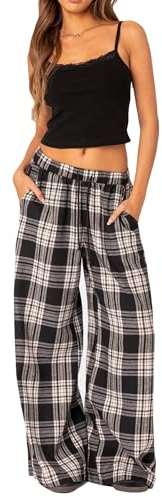 Felcia Y2k Pantalon décontracté à carreaux pour femme avec taille élastique et jambes larges, ample et confortable avec poches