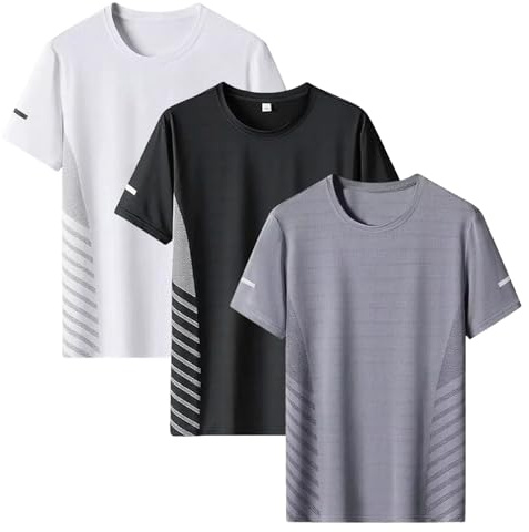 JiaYouLC 3 Pack T Shirts for Men UK Multipack Crew Neck Quick Dry Sport Tops Breathable Wicking Tshirts for Running Athletic Gym Workout (UK, Alpha, XL, Regular, Regular, Black-White-Grey)