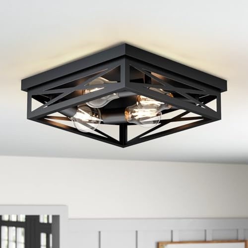 LVWIT Deckenleuchte Wohnzimmer Schwarz 4 Flammig E27 Industrial LED Deckenlampe Runde Küchenlampe Flurlampe Quadrat Metall Vintage Deckenpendelleuchte für Schlafzimmer, Bar, Cafe (Ohne Glühbirne)