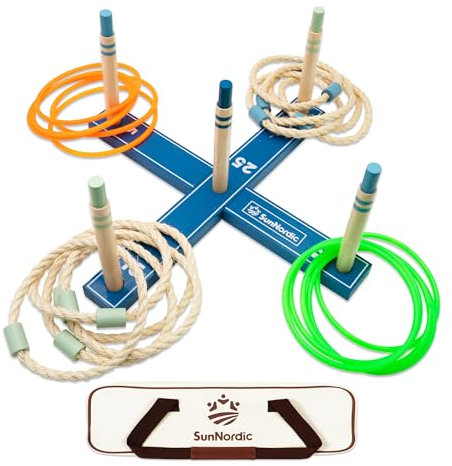 SunNordic Ringwurfspiel-Set aus Holz, Strandspiel für Kinder, Erwachsene und die ganze Familie, inklusive Wurfringen und Tragetasche. Ideal für Rasen und Garten