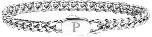 XUANPAI Pulseras con iniciales para hombres, pulsera de letra A-Z en plata, pulsera de acero inoxidable con inicial para hombres, elegante pulsera de eslabones cubanos sin decoloración para hombres