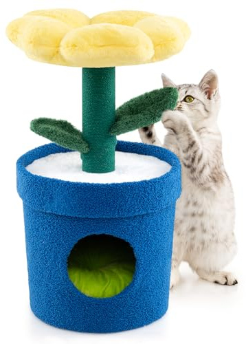 COSTWAY Petit Arbre à Chat 72 cm, Arbre a Chat Design en Forme de Pot de Fleurs, Condo, Plateformes, Poteaux à Griffer en Jute, Tour pour Chaton, Feuilles Pliables, Coussin Amovible (Jaune)