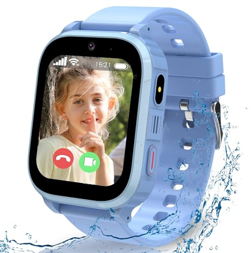 Montre Connectée Enfant 4G, IP68 Montre GPS Enfant pour Fille Garçon avec Appel Vidéo Chat Familial SOS Téléphone Etanche Jeux Réveil Mode Classe,Smartwatch Téléphone Cadeau pour 4-12 Ans (Bleu-GPS)