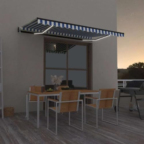 Tenda da Sole Automatica con Sensore Vento e LED, 450x300cm, Tessuto Poliestere Impermeabile, Struttura Alluminio Antracite, per Giardino Terrazzo Balcone, Blu e Bianco