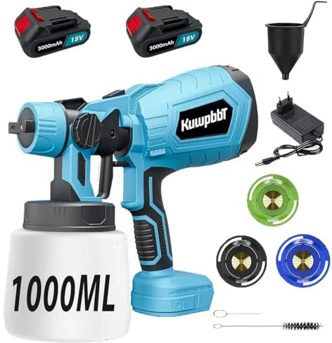 Akku Sprühmaschine, 500W HVLP 1000mL Tank Handsprayer, Sprühmaschine Bürstenloser Motor 18V und 3 Düsengrößen für Möbel, Wände, Zaun, Türen Muster (2X3.0Ah Akku)﻿