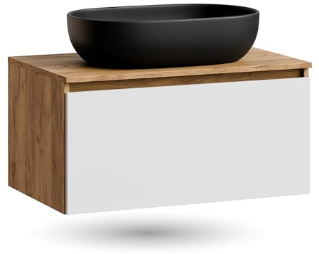 Planetmöbel Arisa Waschtisch mit Unterschrank 80 cm Gold Eiche | weiß, Waschbecken 60 cm schwarz, Raumsparsiphon