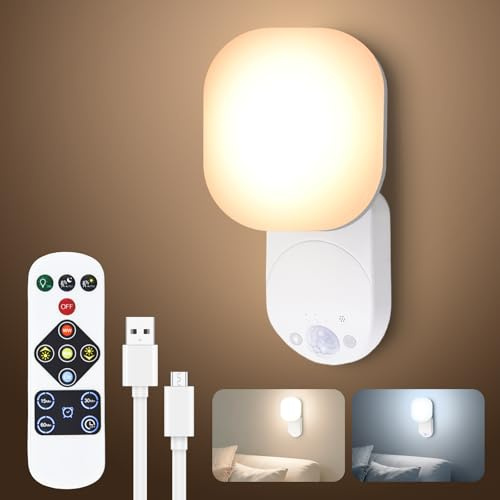 Akku Wandlampe mit Bewegungsmelder Innen, LED Wandleuchte Bewegungsmelder mit Fernbedienung, Dimmbar, 4000mAh, 3000K/4000K/6000K,3 Modi, Kabellose Wandlampe Nachtlicht für Treppen Flur Keller Garage