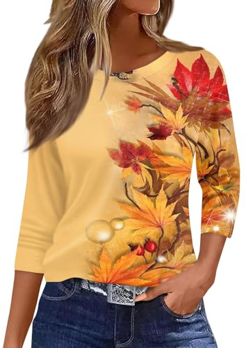 Womens Tshirts Cotton Tunic Tops for Women UK Plus Size 3/4 Sleeve Crew Neck Print Casual Lightweight Comfort Going Out Blouses 06-Yellow XXL