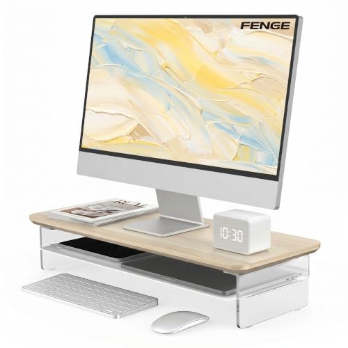 Fenge Soporte Monitor Escritorio Acrílico, Elevador Monitor con Gran Capacidad de Almacenamiento, Madera y Metal, Monitor Stand para Ordenadores de Sobremesa, Portátiles, TV (Roble, 60cm)