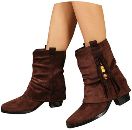 Damankelstövlar I Mocka Western Cowboystövlar Med Fransar Spetsiga Ankelboots Med Blockklack Slip-on-skor Med Bred Skaft Plus Size Ankelskor(Brown,40 EU)