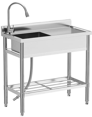 Edelstahl Spültisch 76×41×76CM, Freistehende Küchenspüle 1 Becken, Gewerbliche Spülbecken Mit Wasserhahn Kalt Und Warmwasserschläuchen, Für Waschküche Outdoorküche Gastro Geschäft Restaurant