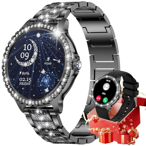 CHOOSETIME Smartwatch Damen mit Telefonfunktion, 1.32 Armbanduhr mit Diamanten, Fitnessuhr für Android iOS, Menstruationszyklus/Herzfrequenz/Schrittzähler, 500+ Ziffernblätter, 2 Armband, Schwarz