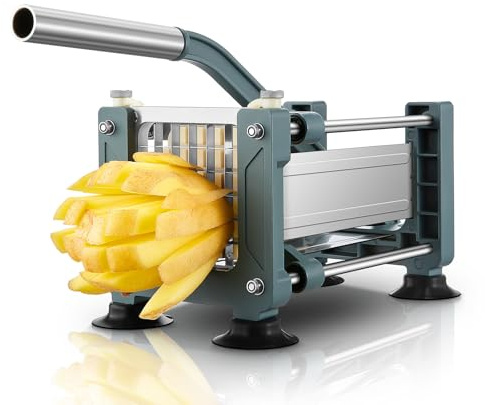 FOHER Potato Chipper Cutter, Professional French Fry Cutter Stainless Steel with 1/2 Blade and 4 Suction Feet for Potato Carrot Cucumbers, Blue