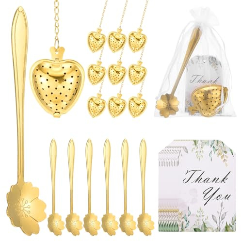 sourcing map 25 Set Bridal Shower Tea Party Favor for Cherry Blossom Spoon Heart Shape Infuser Ball with Thank You, Card Mesh Bag, for Wedding Souvenir Gift, Tea Accessories, Return Gift, Gold